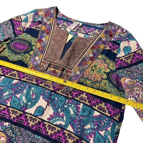 NWT Boho Printed Mini Dress Sz.L Shift Multi Embroidered 70s  Festival - Picture 5 of 11